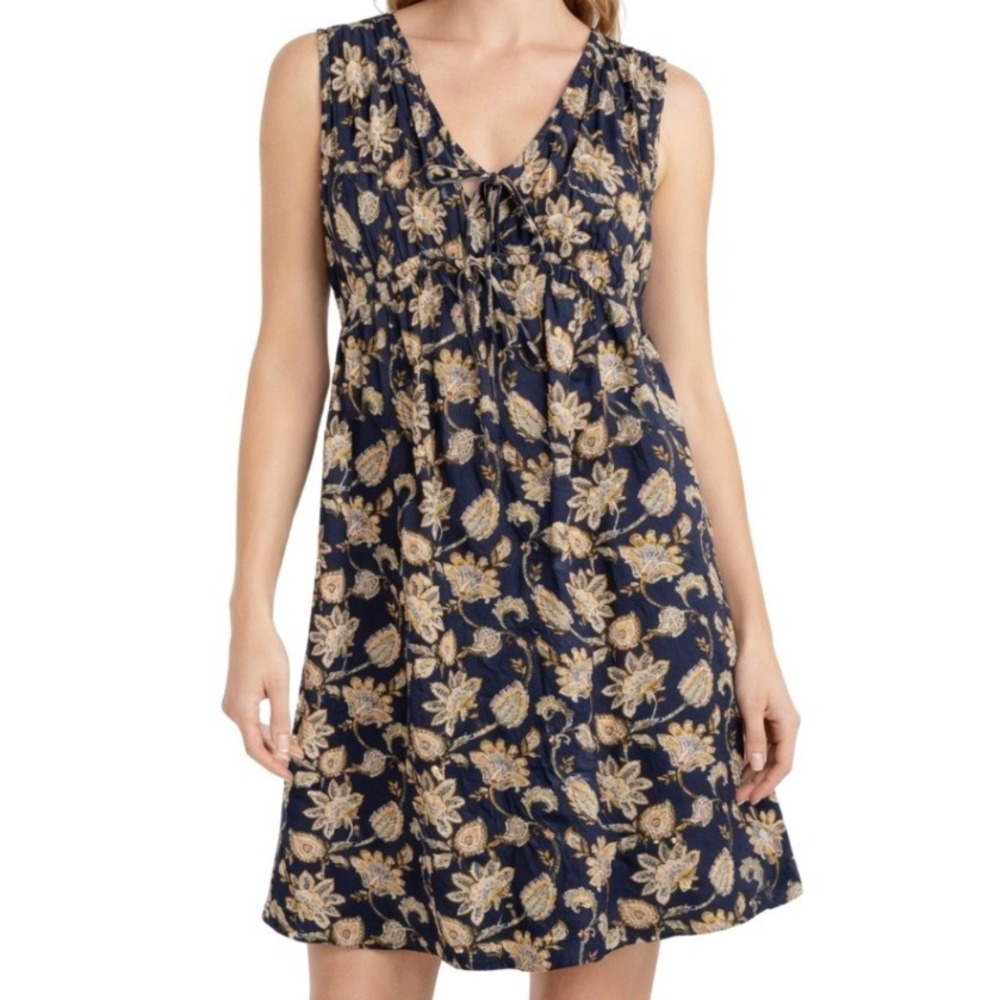 Mango MNG NWT Navy Blue Paisley Floral Cotton Mini Dress V-Neck Tie Size XS